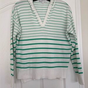 Madison Grey Green and White Striped Lightweight Spring V-Neck Sweater Size M